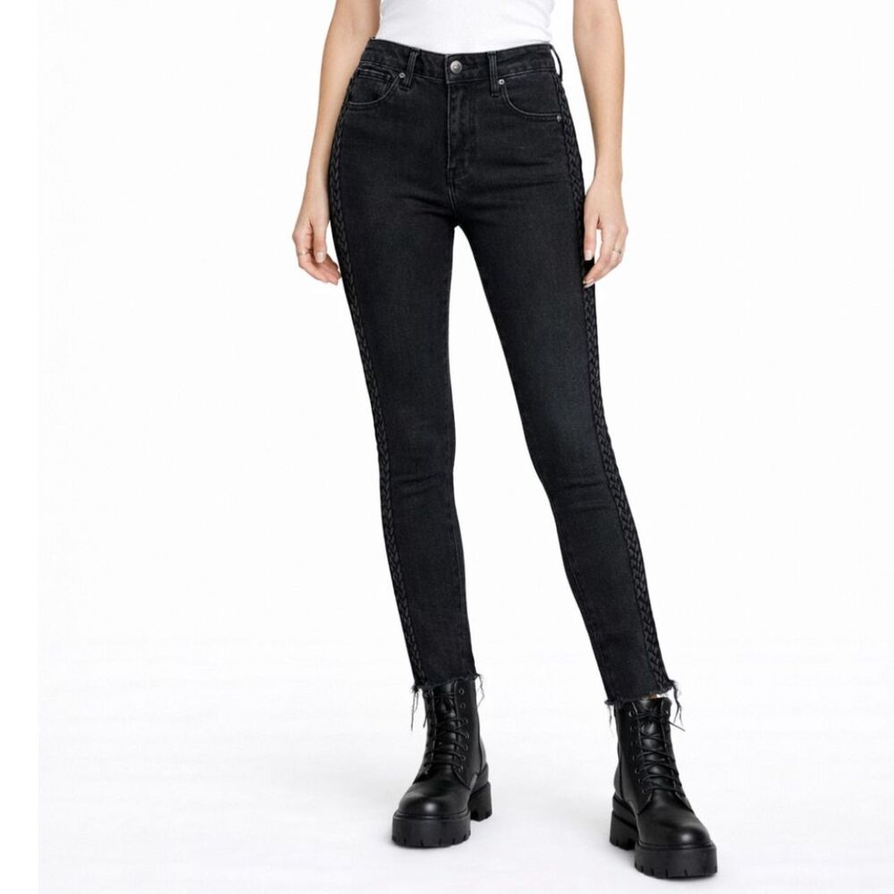 Driftwood Jackie Lace Trim Slim Jeans Women's 28 Black Raw Hem Stretch Denim
